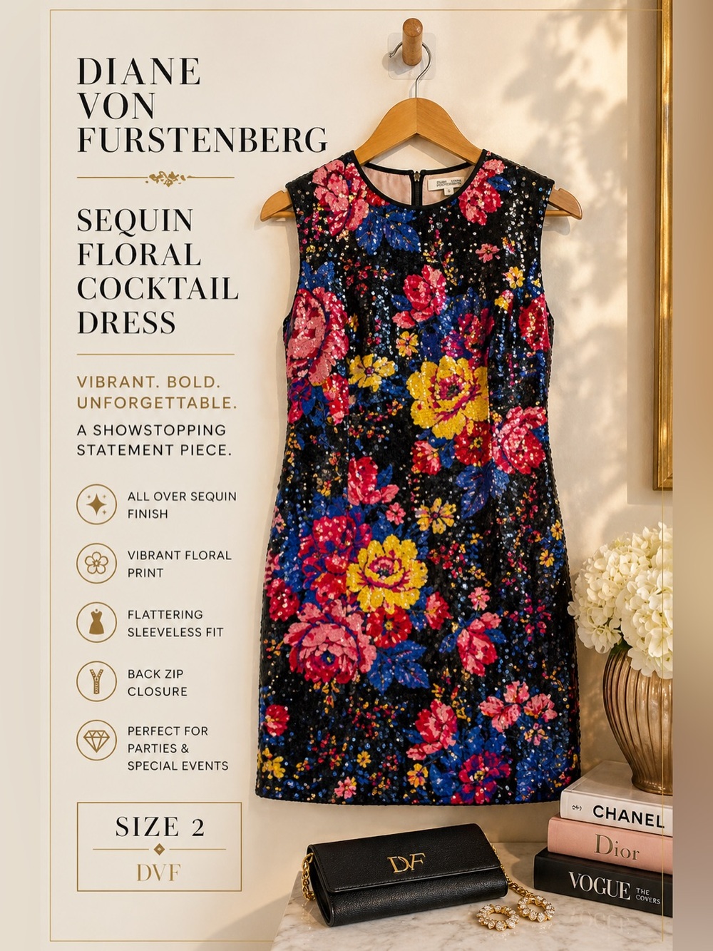 Diane von Furstenberg Sequin Floral Cocktail Dress Size 2